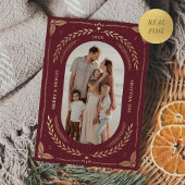 クリスマスフォークアートホリデーフォトマルーン金ゴールド 箔招待状