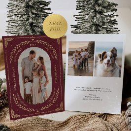 クリスマスフォークアートホリデーフォトマルーン金ゴールド 箔招待状