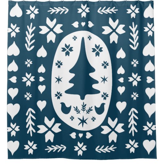 クリスマスフォークアート：スカンジナビアのドードル。 シャワーカーテン (正面)