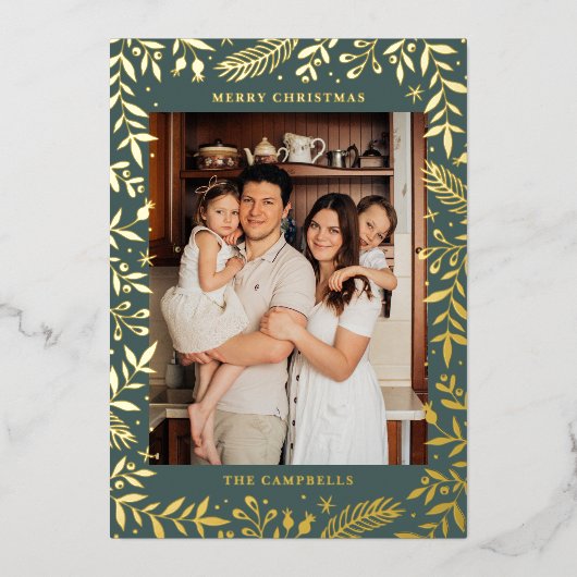 クリスマスフォークフローラフォトグリーン金ゴールド 箔シーズンカード (正面)