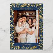 クリスマスフォークフローラフォトネイビーブルー金ゴールド 箔シーズンカード (正面)