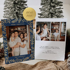 クリスマスフォークフローラフォトネイビーブルー金ゴールド 箔シーズンカード