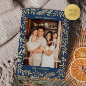 クリスマスフォークフローラフォトネイビーブルー金ゴールド 箔シーズンカード