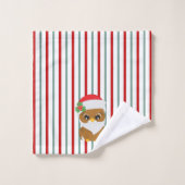 クリスマスフクロウティール（緑がかった色）と赤 バスタオルセット (ウォッシュタオル)