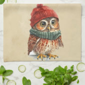 クリスマスフクロウ冬の水彩おもしろい動物 キッチンタオル (折り畳み)