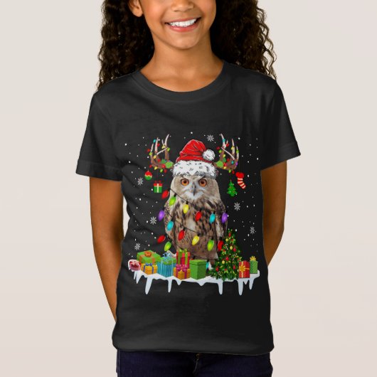 クリスマスフクロウ可愛いクリスマスライトトトインディアサンタ Tシャツ (正面)