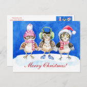 クリスマスフクロウ水彩画 シーズンポストカード (正面/裏面)