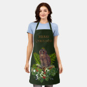 クリスマスフクロウ自然とワイルドライフホリデーグリーン エプロン (着用した状態)