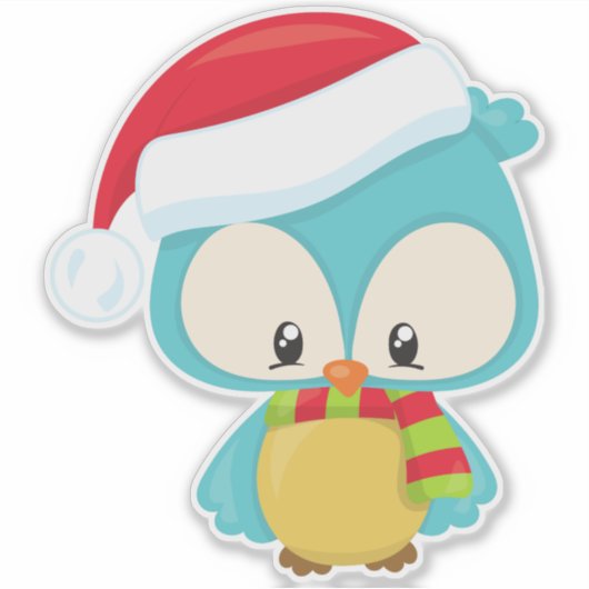 クリスマスフクロウ，かわいいフクロウ，サンタハット，スカーフ，クリスマス シール (正面)