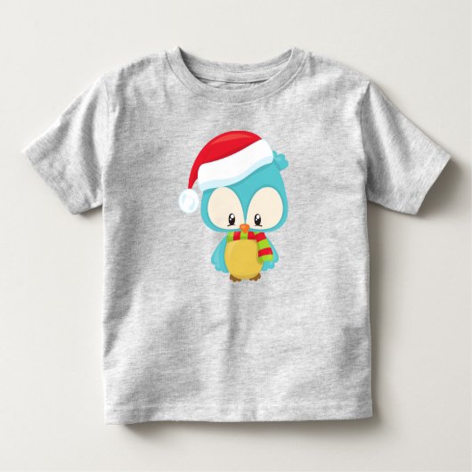 クリスマスフクロウ,かわいいフクロウ,サンタハット,スカーフ,クリスマス トドラーTシャツ (正面)