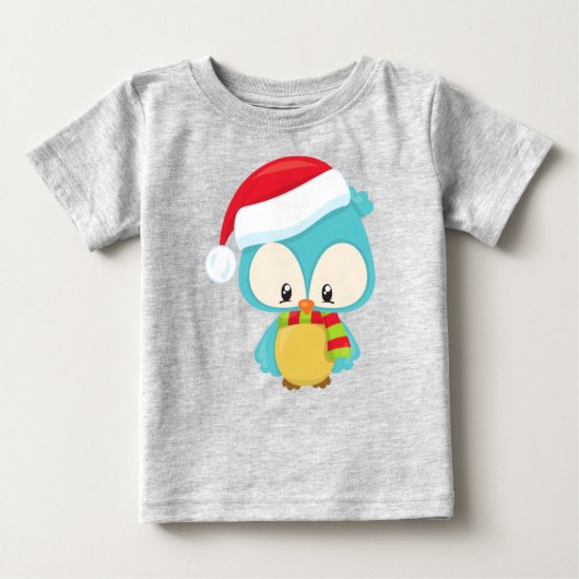 クリスマスフクロウ,かわいいフクロウ,サンタハット,スカーフ,クリスマス ベビーTシャツ (正面)