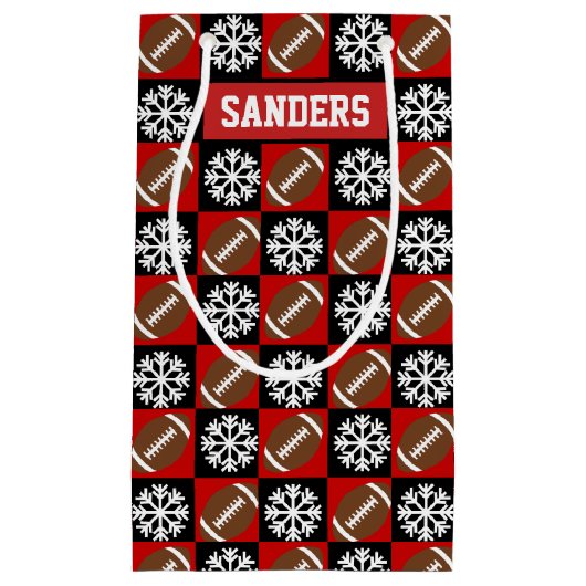 クリスマスフットボール選手名前をカスタムするレッド&ブラック スモールペーパーバッグ (正面)