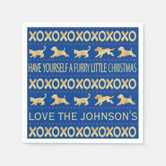 クリスマスフューリー海軍と金ゴールド スタンダードカクテルナプキン (正面)
