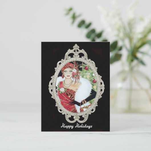 クリスマスフラッパー女の子まぶしい赤と金ゴールドドレス ポストカード (スタンド正面)