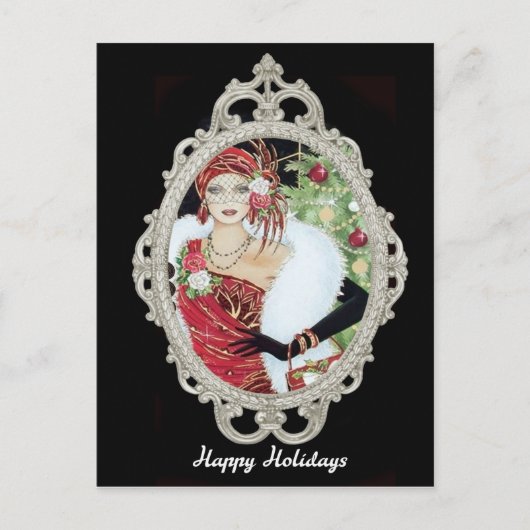クリスマスフラッパー女の子まぶしい赤と金ゴールドドレス ポストカード (正面)