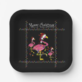 クリスマスフラミンゴと休日のライトが黒 ペーパープレート