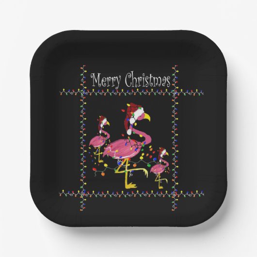 クリスマスフラミンゴと休日のライトが黒 ペーパープレート (正面)