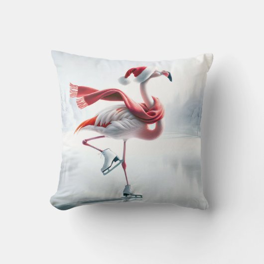 クリスマスフラミンゴアイススケートで滑る クッション (正面)