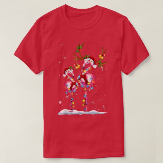 クリスマスフラミンゴサンタハットクリスマスライトフラミンゴ Tシャツ (デザイン正面)