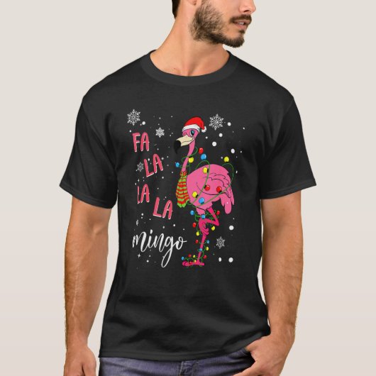 クリスマスフラミンゴサンタハットクリスマスライトフラミンゴ Tシャツ (正面)