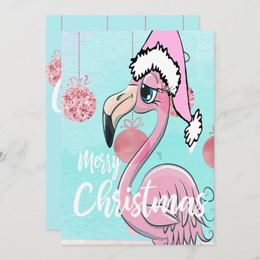 クリスマスフラミンゴブルーピンクグリーティング 案内状 (正面/裏面)