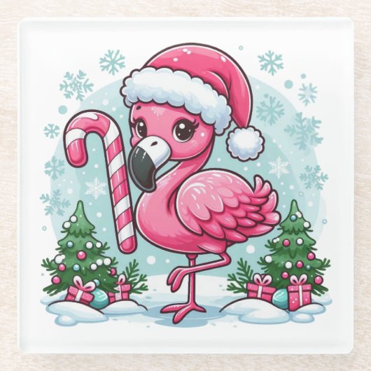クリスマスフラミンゴ昇華クリップアート ガラスコースター (正面)