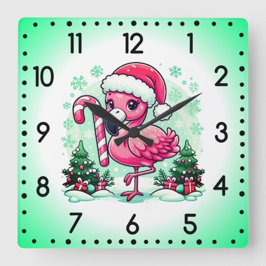 クリスマスフラミンゴ昇華クリップアート スクエア壁時計 (正面)