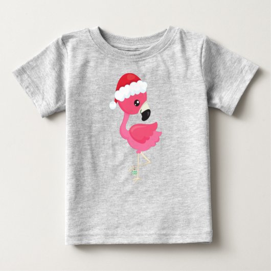 クリスマスフラミンゴ，ピンクフラミンゴ，サンタハット，鳥 ベビーTシャツ (正面)