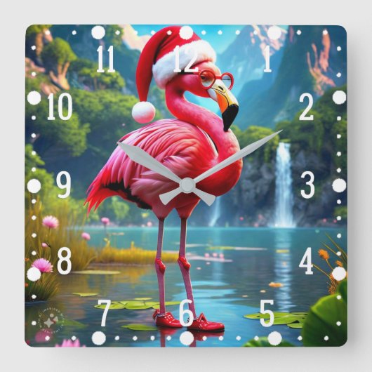 クリスマスフラミンゴAs Santa Claus-47476時計 スクエア壁時計 (正面)
