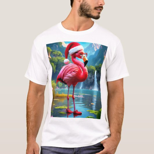 クリスマスフラミンゴAs Santa Claus-47476時計 Tシャツ (正面)