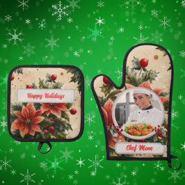 クリスマスフラワーのモチーフを使ったオーダーメイドのママの写真入りキッチン用品 鍋つかみ&鍋敷きセット