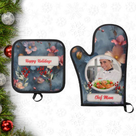 クリスマスフラワーのモチーフを使ったオーダーメイドのママ向けの写真入りキッチン用品 鍋つかみ&鍋敷きセット