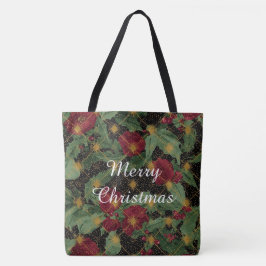クリスマスフラワーパターン,ゴールドレッドグリーンブラック トートバッグ