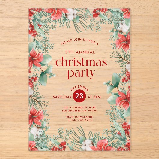 クリスマスフラワーフレームパーティー招待状 アクリル招待状 (正面)