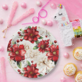 クリスマスフラワーポインセチア赤い緑パターン ペーパープレート (パーティー)