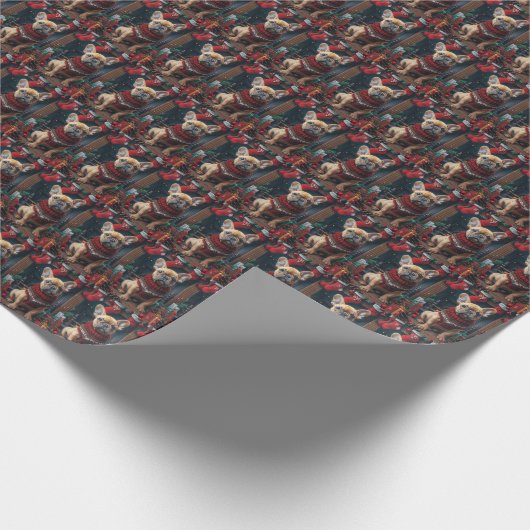 クリスマスフランスのギフト暖炉を持つブルドッグ ラッピングペーパー (角)