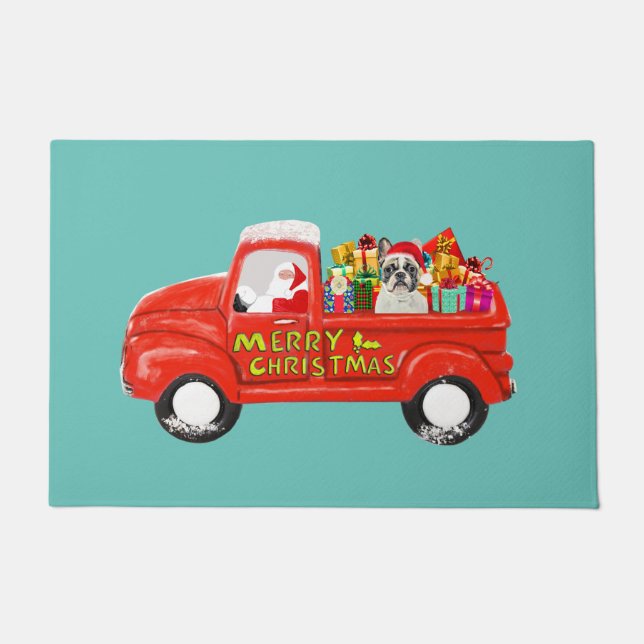 クリスマスフランスのデリバリートラックのブルドッグ ドアマット (正面)