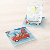 クリスマスフランスのデリバリートラック雪のブルドッグ ガラスコースター (アングル)