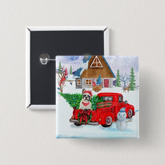 クリスマスフランスのデリバリートラック雪のブルドッグ 缶バッジ (正面&裏面)