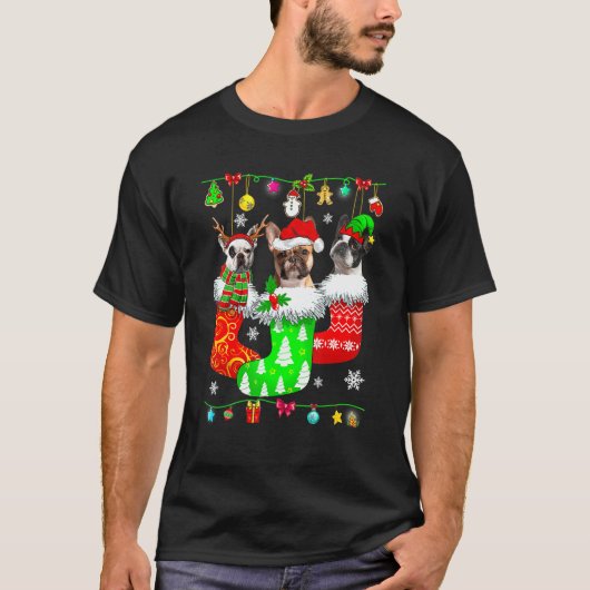 クリスマスフランスのブルドッグサンタ靴下マッチングドッグ Tシャツ (正面)