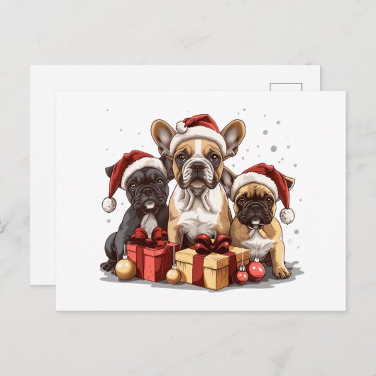 クリスマスフランスのブルドッグスサンタハット シーズンポストカード (正面/裏面)