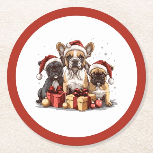クリスマスフランスのブルドッグスサンタハット ラウンドペーパーコースター (正面)