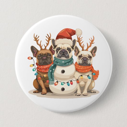 クリスマスフランスのブルドッグトナカイ犬 缶バッジ (正面)