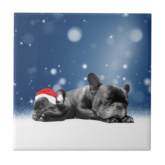クリスマスフランスのブルドッグパピーススノーサンタハット タイル (正面)