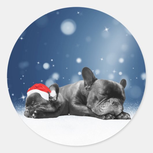 クリスマスフランスのブルドッグパピーススノーサンタハット ラウンドシール (正面)