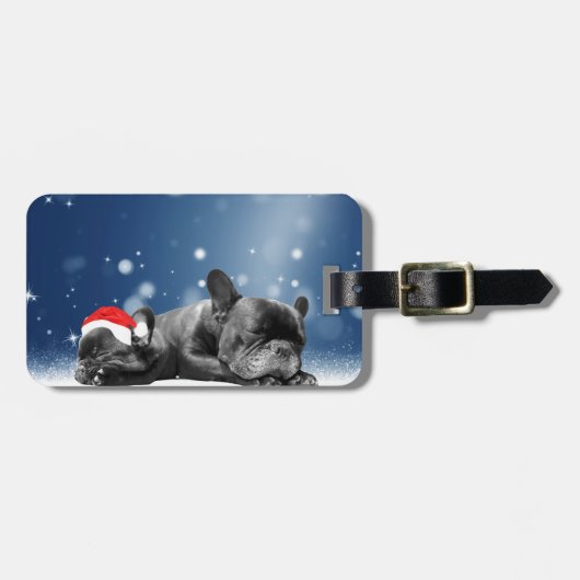 クリスマスフランスのブルドッグパピーススノーサンタハット ラゲッジタグ (正面横)