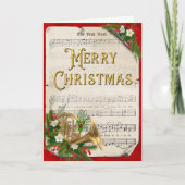 クリスマスフランスのホーンヴィンテージシートミュージックホリデー シーズンカード (正面)