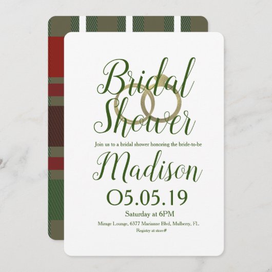 クリスマスフランネルプレイドフォイルリングや輪ブライダルシャワー 招待状 (正面/裏面)