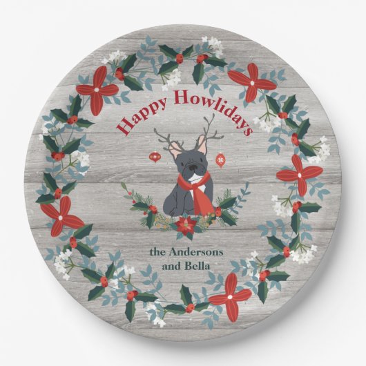 クリスマスフレンチブルドッグ〔雄ジカの〕枝角グリ素朴ーネリ ペーパープレート (正面)