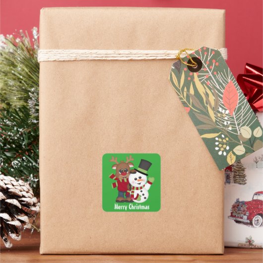 クリスマスフレンドズホリデーグリーンステッカー スクエアシール (クリスマス)